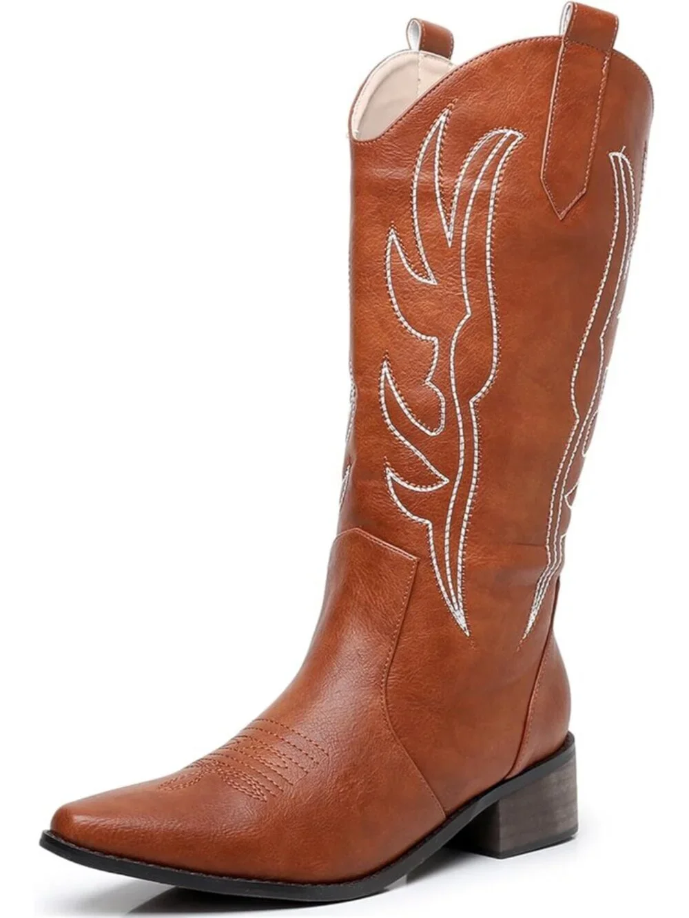 Women's Dark Brown Cowboy Mid Calf Side Zipper Chunky Heel Fashion Leather Boots